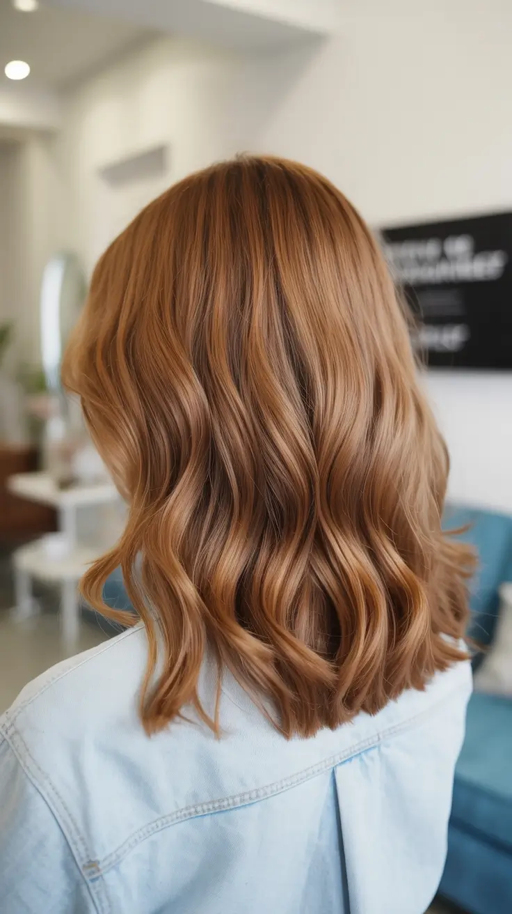popular spring caramel hair color 2026 + Soft Copper-Caramel Lob With Easy Waves