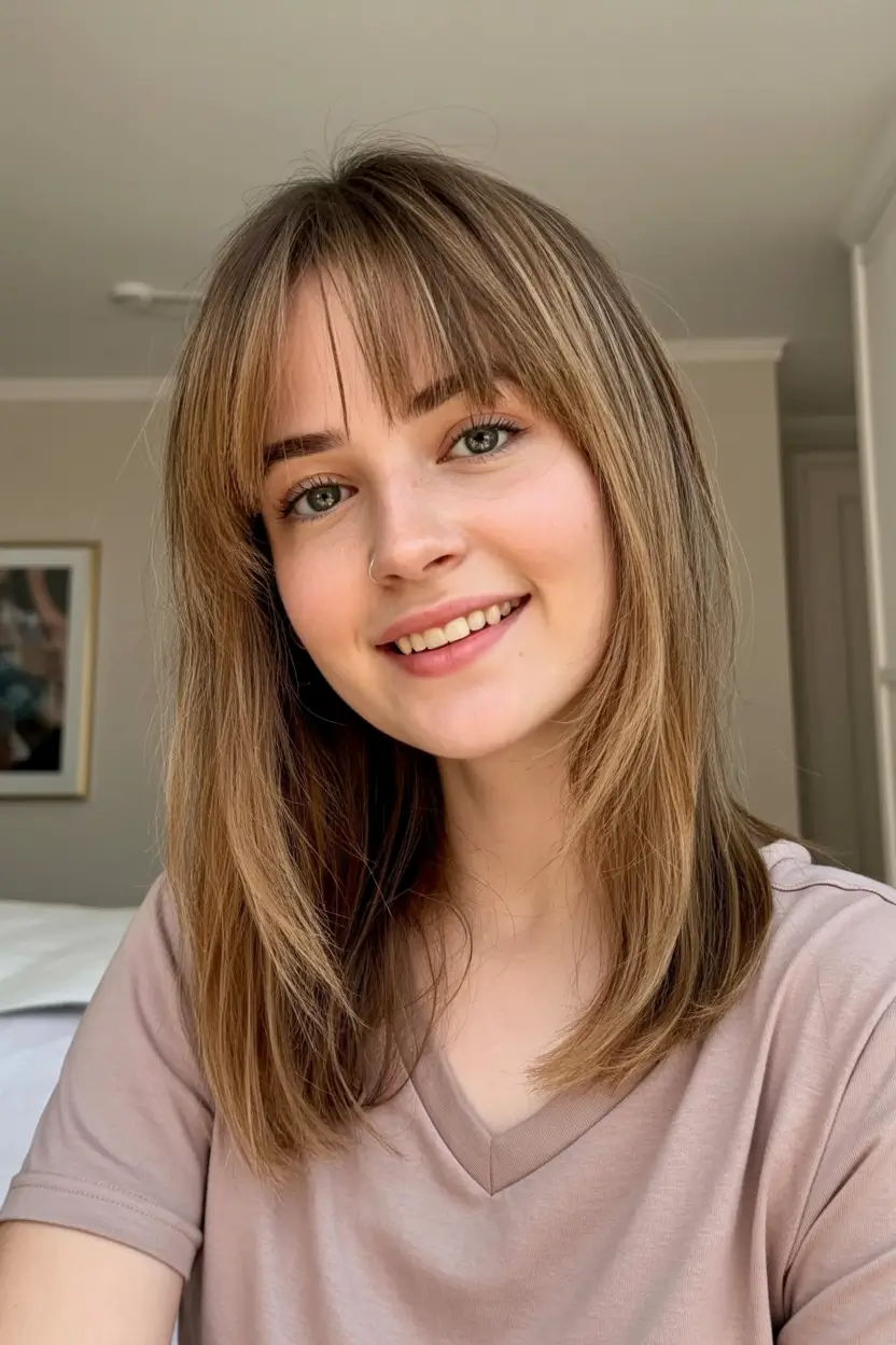 popular spring caramel hair color 2026 + Caramel Beige With Wispy Bangs And A Clean Finish