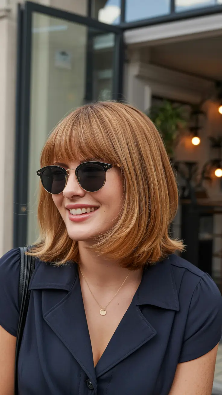 popular spring caramel hair color 2026 + French Bob Caramel Auburn With Chic Fringe
