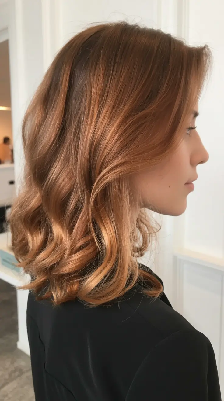 popular spring caramel hair color 2026 + Soft Caramel Auburn Waves On A Modern Lob