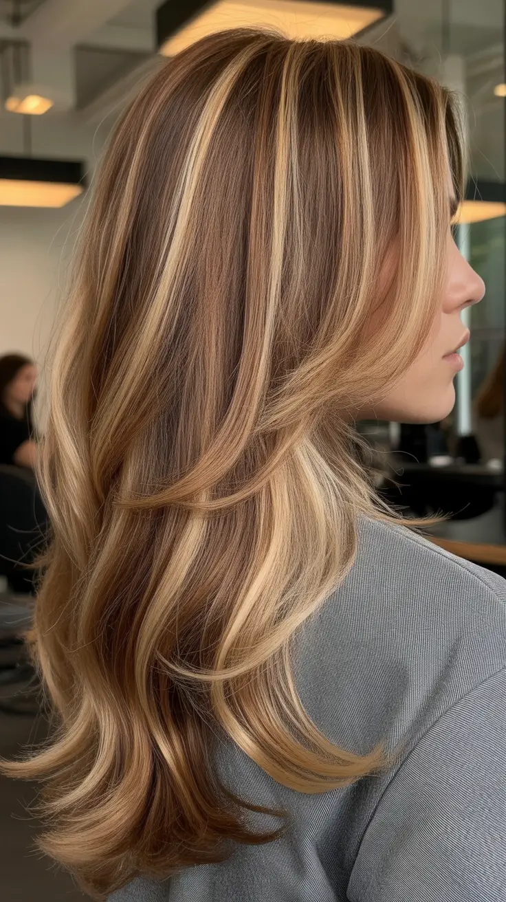 popular spring caramel hair color 2026 + Caramel Ribbon Highlights With A Smooth Brunette Base