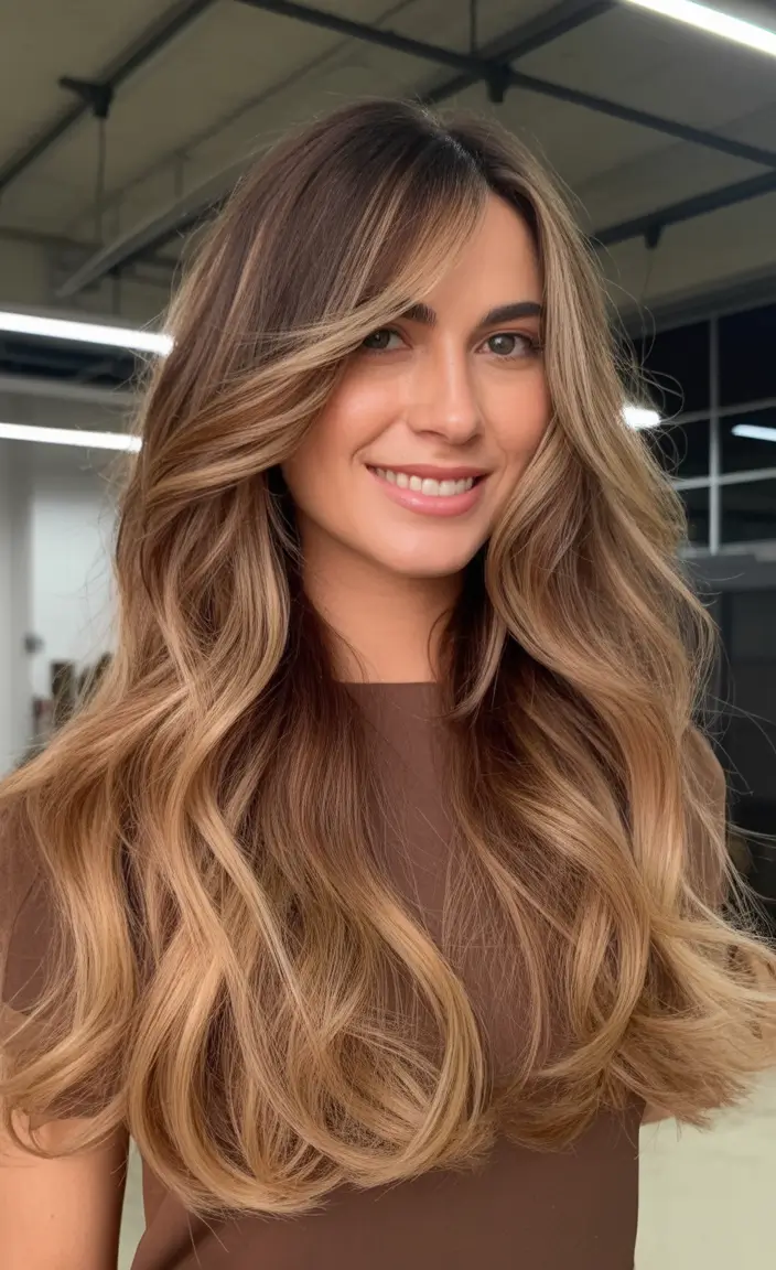 popular spring caramel hair color 2026 + Butter-Caramel Balayage On Long, Airy Layers