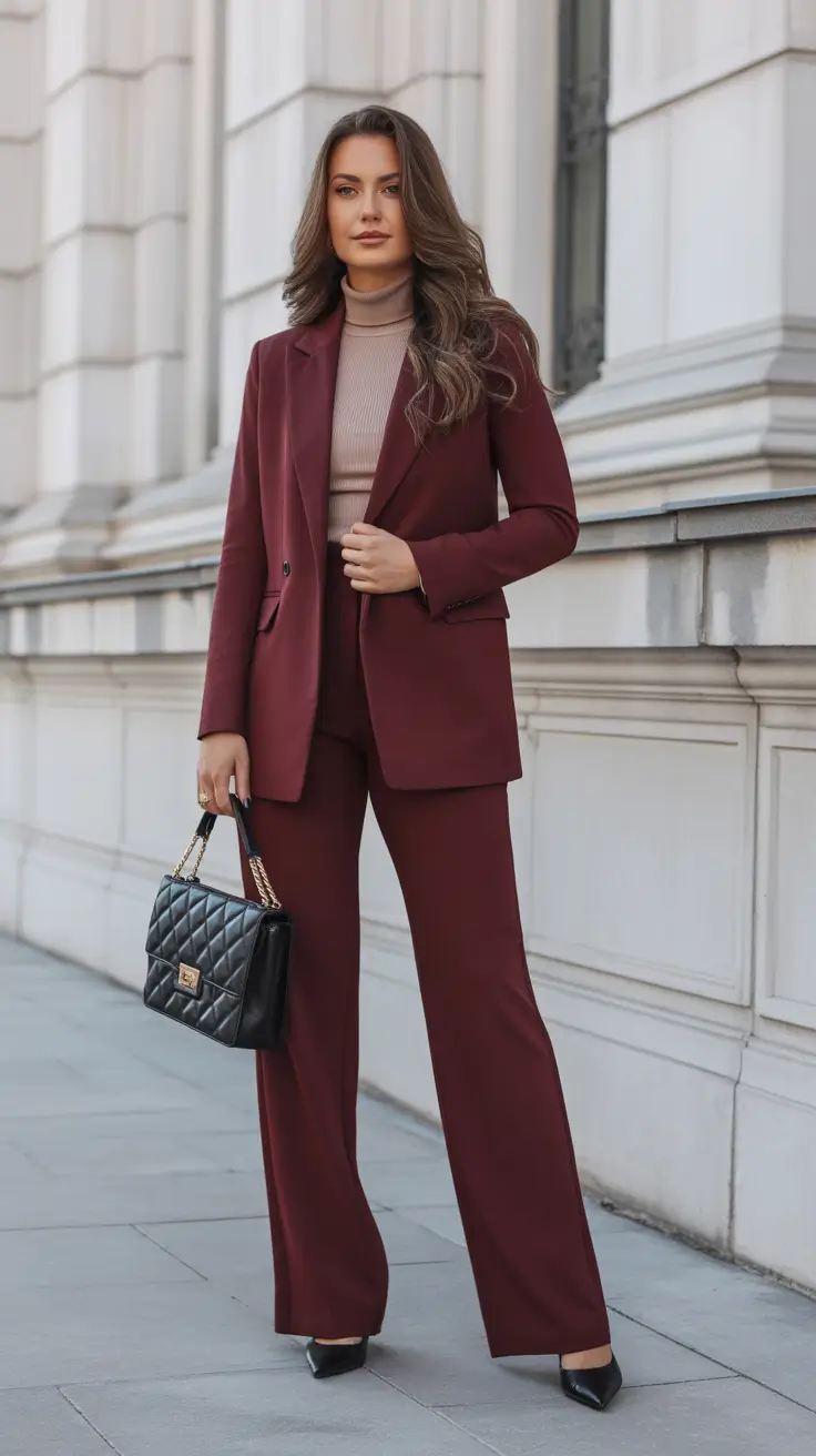 fancy spring formal outfits 2026 Burgundy Suiting With A Soft Turtleneck Twist