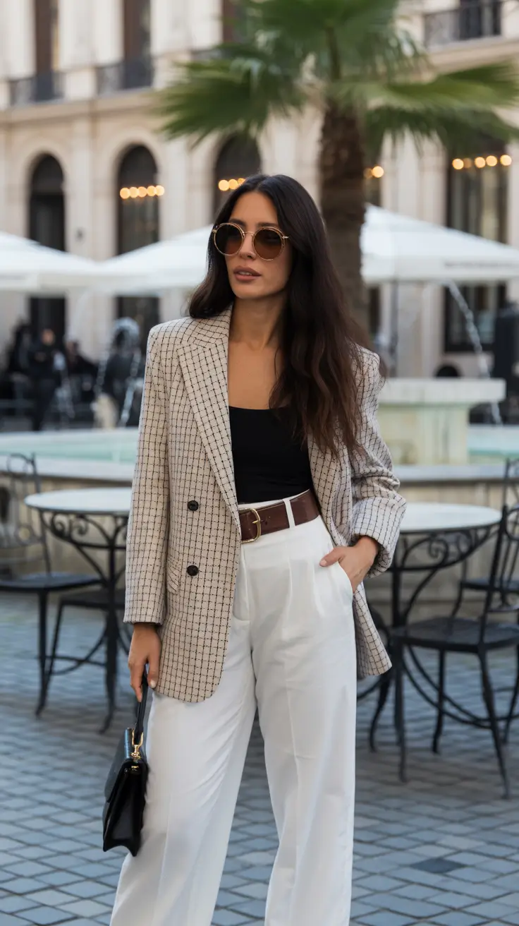 fancy spring formal outfits 2026 Checked Blazer And White Trousers For City-Ready Formal