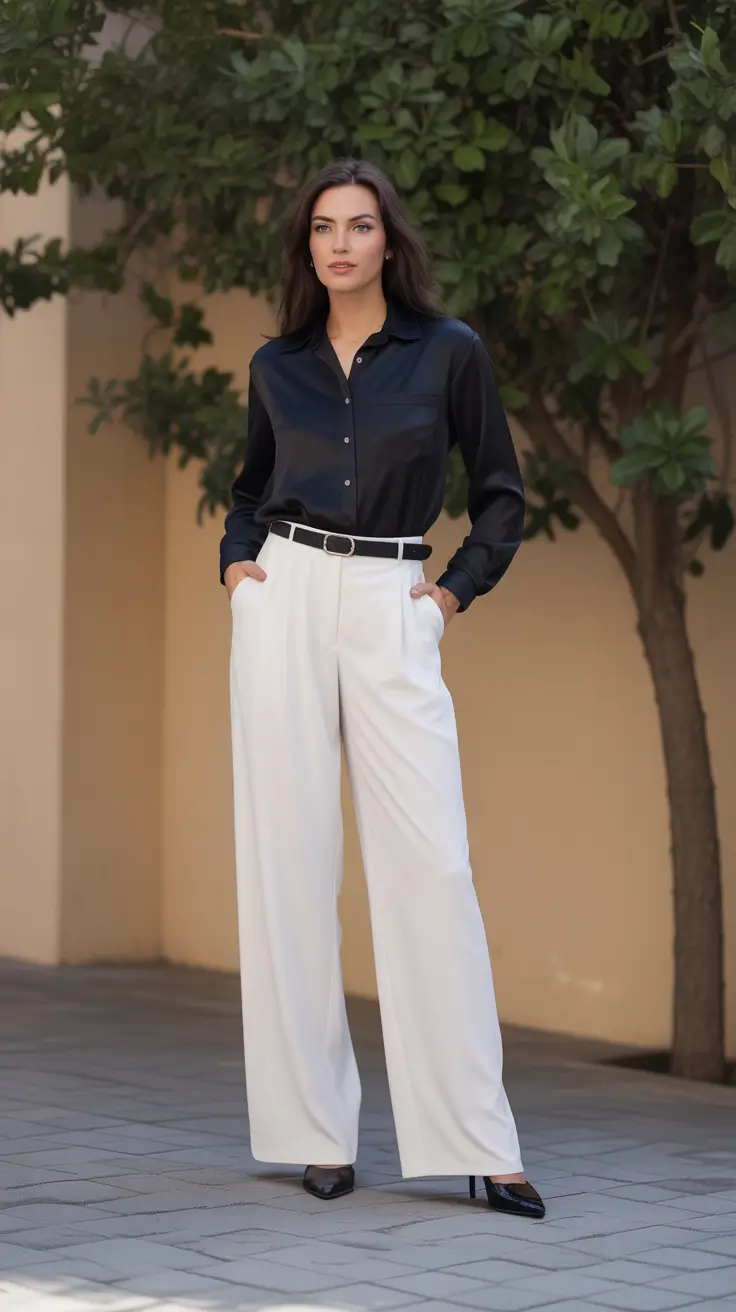 fancy spring formal outfits 2026 Silky Black Shirt With White Wide-Leg Trousers