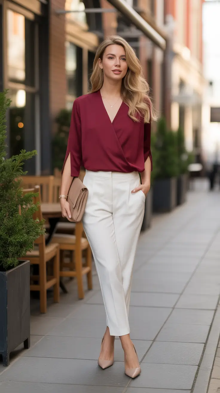 fancy spring formal outfits 2026 Burgundy Wrap Blouse With Polished White Pants