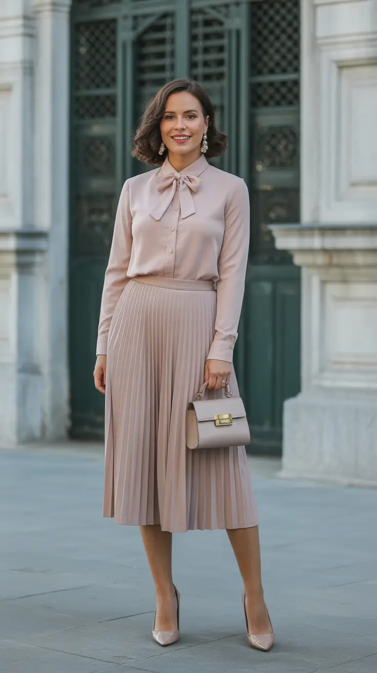 fancy spring formal outfits 2026 Bow Blouse And Pleated Skirt For Soft Formal Charm