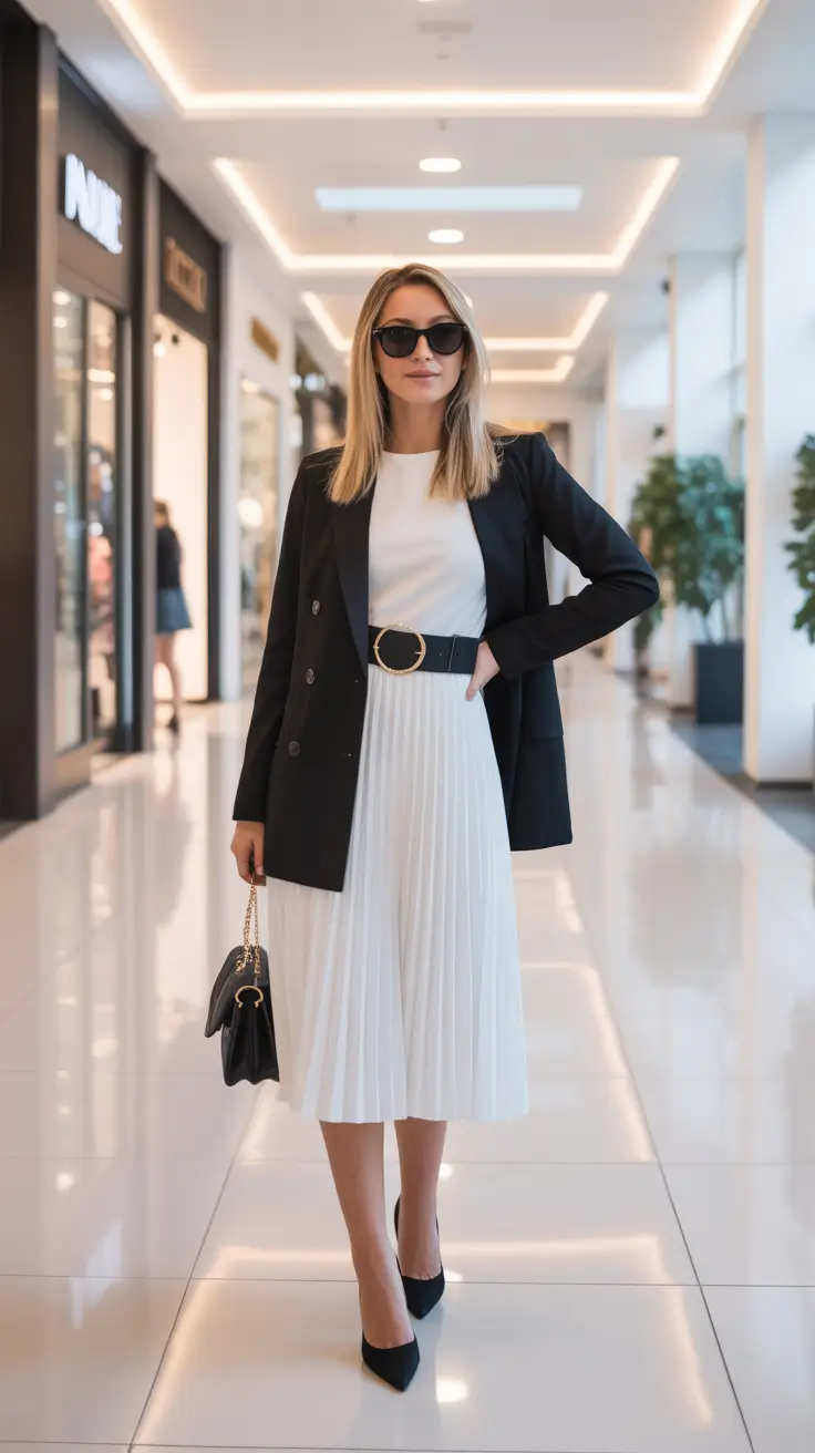 fancy spring formal outfits 2026 + Black Blazer With White Pleats And A Statement Belt