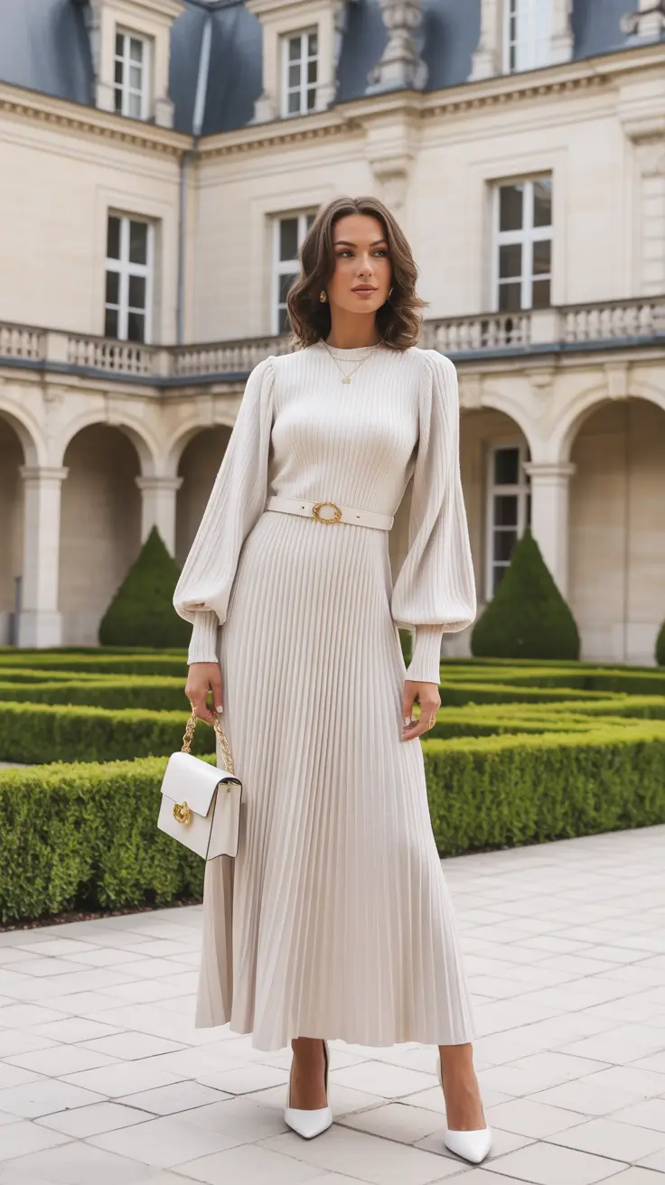 fancy spring formal outfits 2026 + Cream Ribbed Maxi With Balloon Sleeves