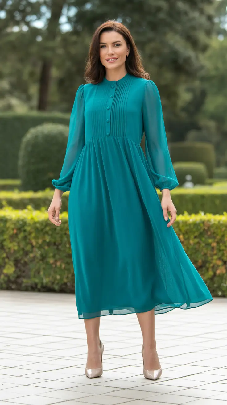 fancy spring formal outfits 2026 + Teal Chiffon Midi With Romantic Volume