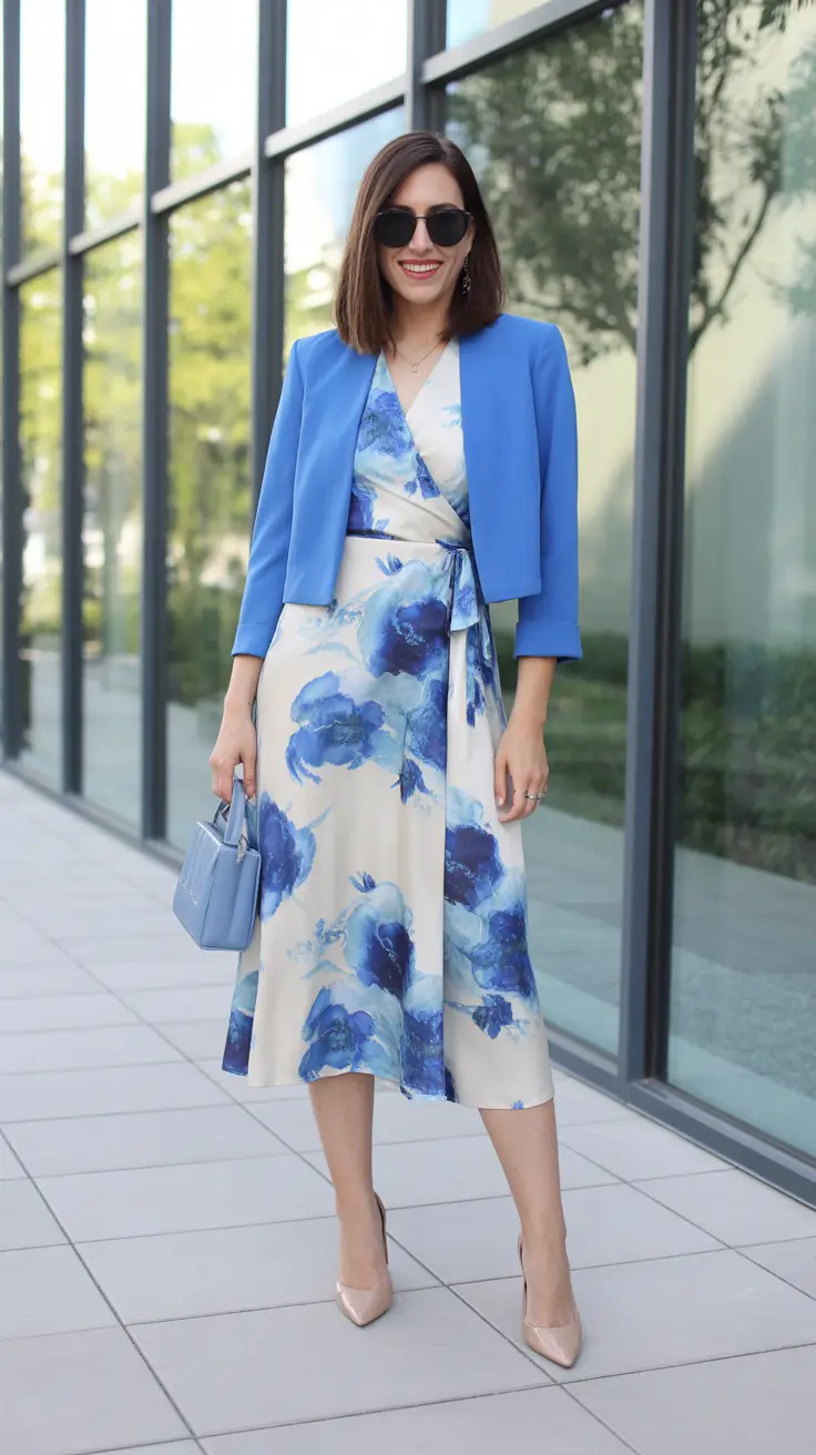 fancy spring formal outfits 2026 Blue Floral Dress With A Power-Soft Jacket Layer