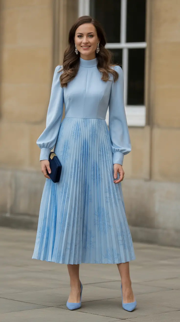 fancy spring formal outfits 2026 + Powder Blue Pleated Dress With A Minimal Clutch