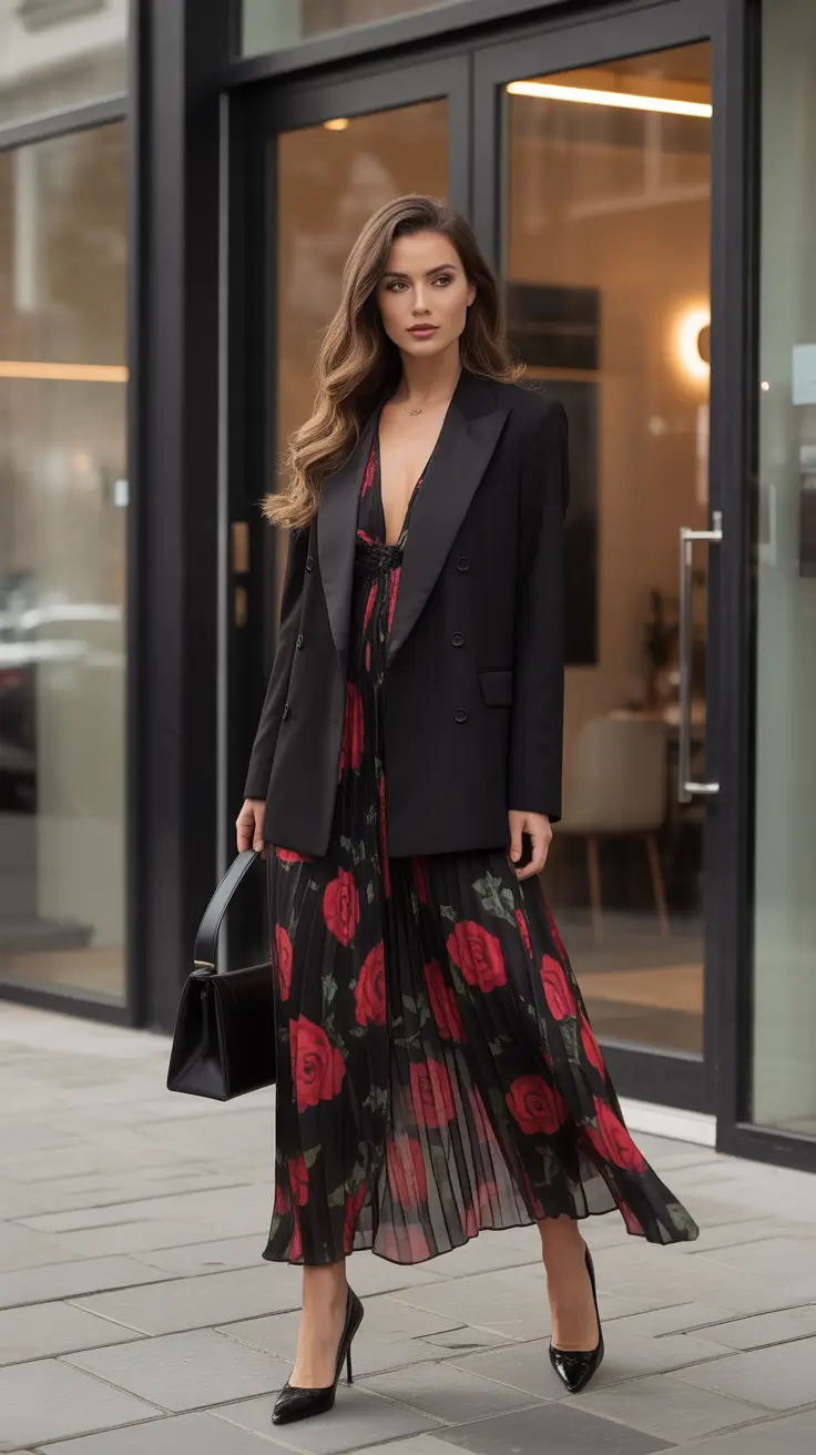 fancy spring formal outfits 2026 + Black Blazer Over Rose Print Drama