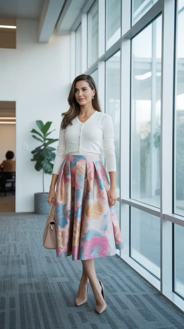 fancy spring formal outfits 2026 + Soft White Knit With A Pastel Full Skirt