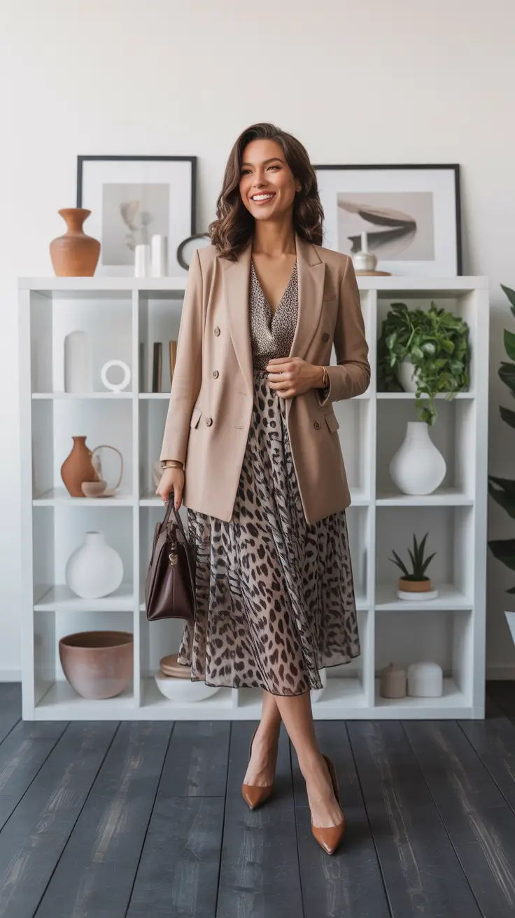 fancy spring formal outfits 2026 + Neutral Blazer And Leopard Dress - Quietly Bold