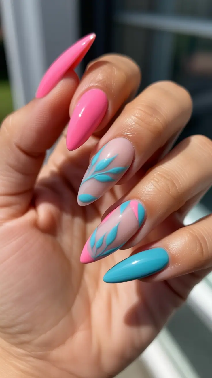 classy spring gel nails 2026 Pink And Aqua Leaf Duo