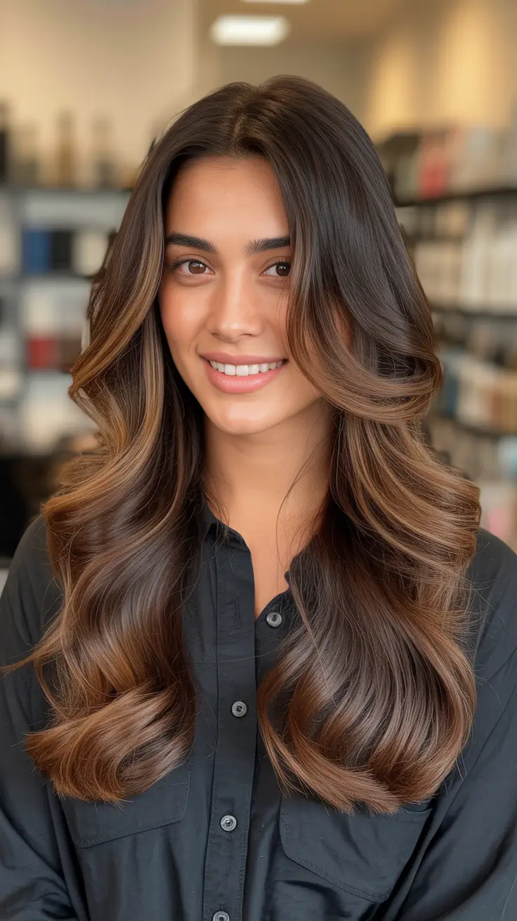 warm spring hair color ideas 2026 to look younger + Caramel Ribbon Brunette With A Soft Blowout