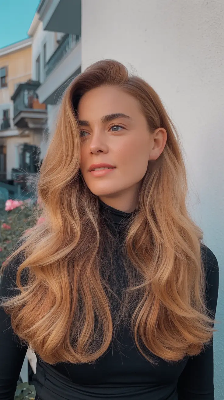 warm spring hair color ideas 2026 to look younger Golden Strawberry Blonde With A Soft Side Sweep