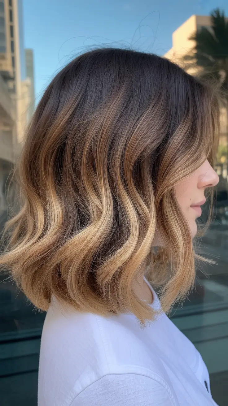 warm spring hair color ideas 2026 to look younger + Golden Bronde Wavy Bob With A Modern Soft Edge