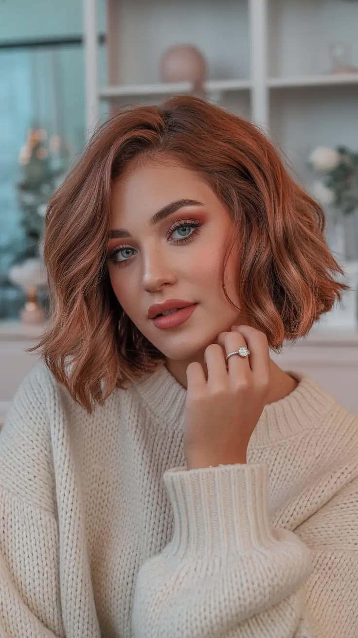 warm spring hair color ideas 2026 to look younger + Soft Copper Bob That Makes Skin Look Alive