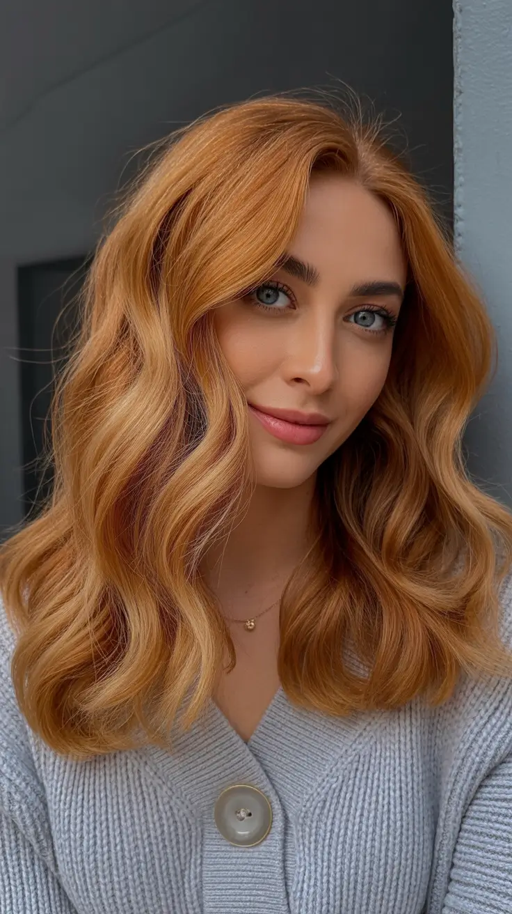 warm spring hair color ideas 2026 to look younger Golden Ginger Waves With A Cozy Soft Finish