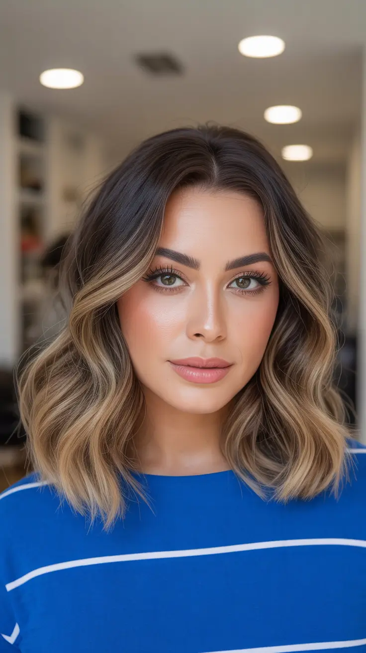 warm spring hair color ideas 2026 to look younger Smoky Brunette Lob With Beige Balayage Lights