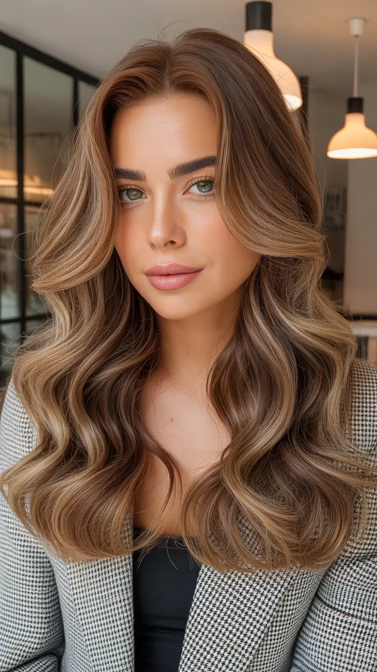 warm spring hair color ideas 2026 to look younger Warm Brunette With Caramel Ribbons And A Blowout Bounce