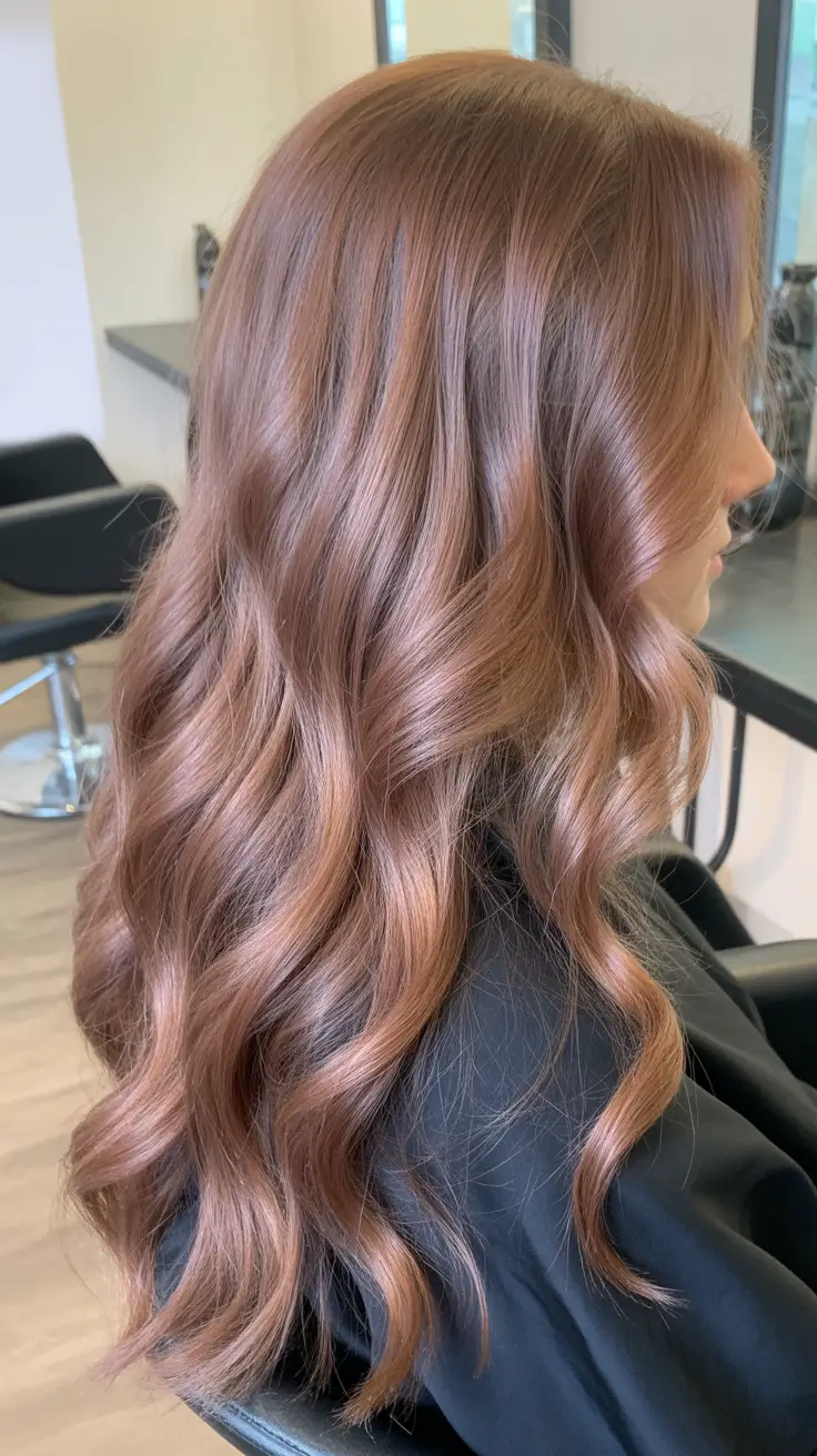 sophisticated spring hair color trends 2026 Rose-Copper Brunette Waves With Glossy Warmth