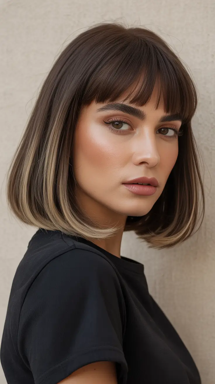 sophisticated spring hair color trends 2026 Brunette Bob With Beige Ribbon Highlights