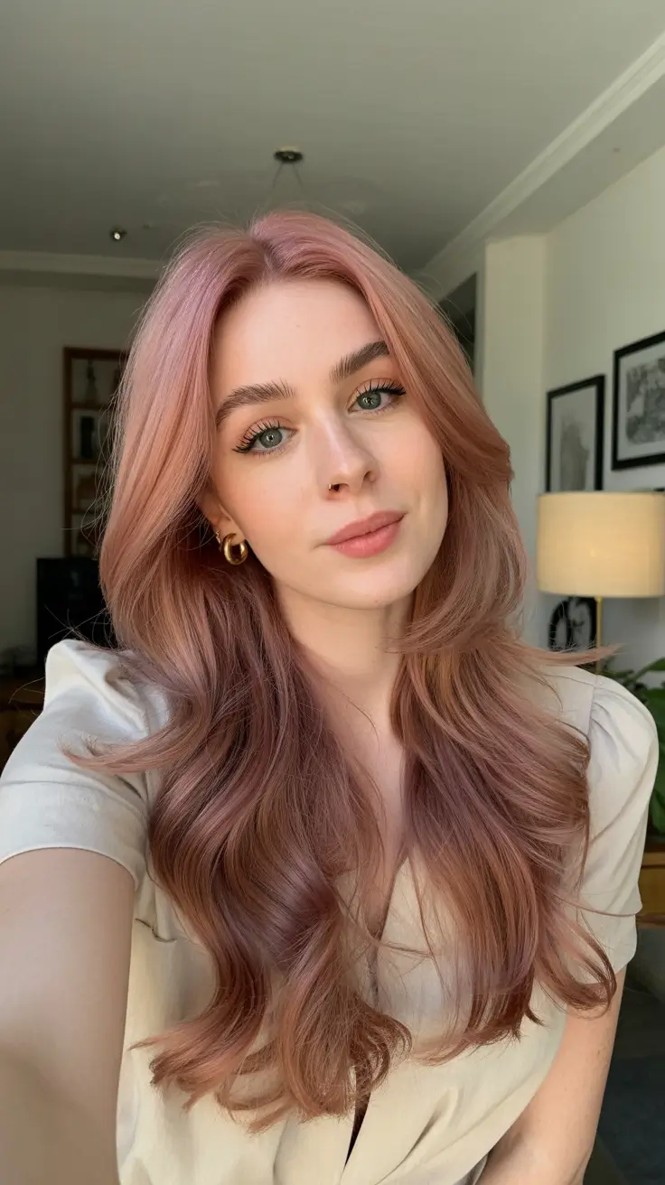 sophisticated spring hair color trends 2026 Rosewood Peach Melt With Glossy Waves