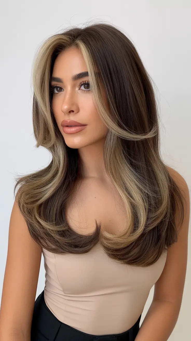 sophisticated spring hair color trends 2026 Brunette With Bold Blonde Money Pieces