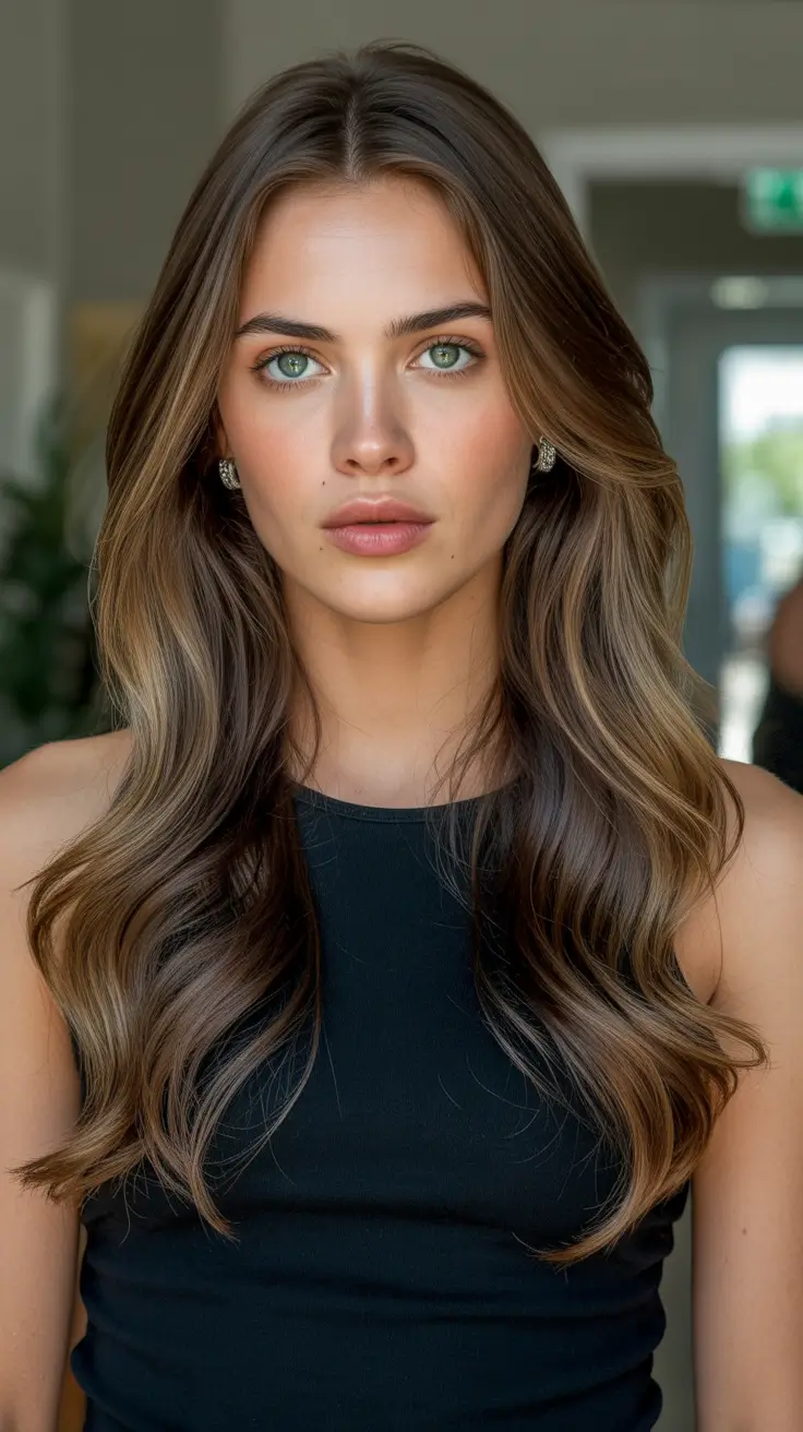 sophisticated spring hair color trends 2026 Chestnut Brunette With Sunlit, Seamless Dimension