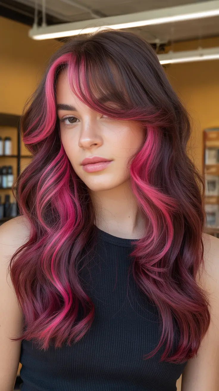 sophisticated spring hair color trends 2026 Cherry Red Panels On Deep Brunette Waves