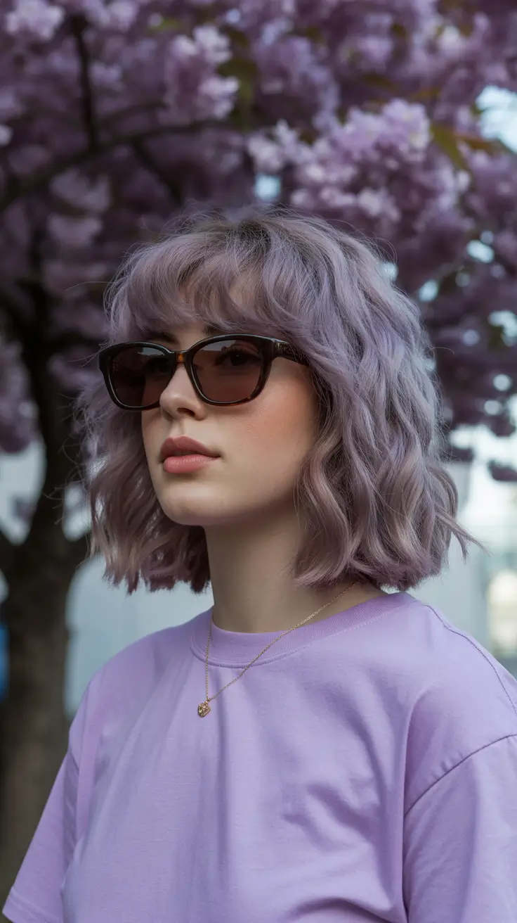 sophisticated spring hair color trends 2026 Muted Lilac Bob With Airy Fringe