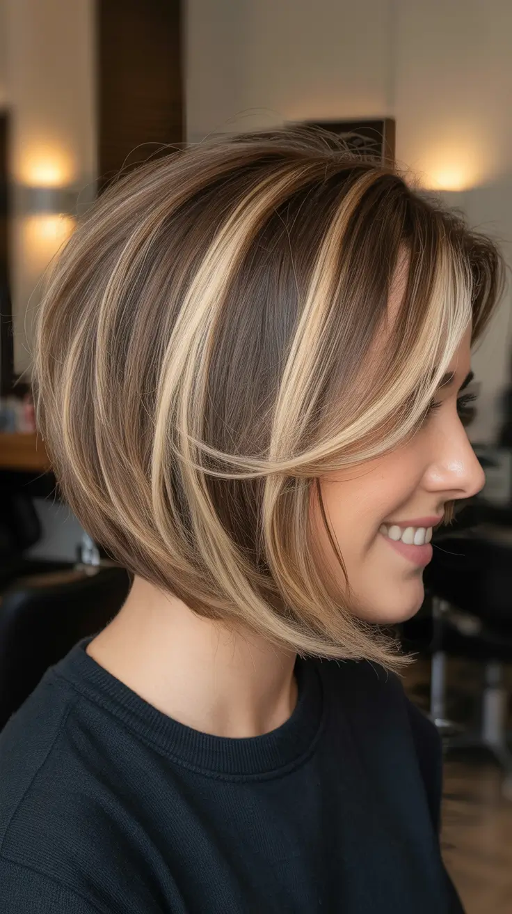 pretty spring haircuts 2026 Golden Ribbon Highlights On A Rounded Bob