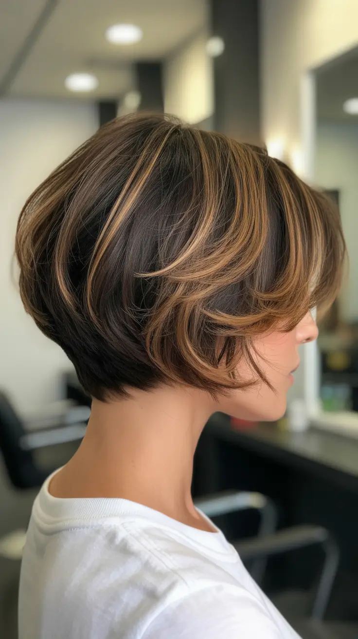pretty spring haircuts 2026 Stacked Brunette Bob With Caramel Swirl Layers
