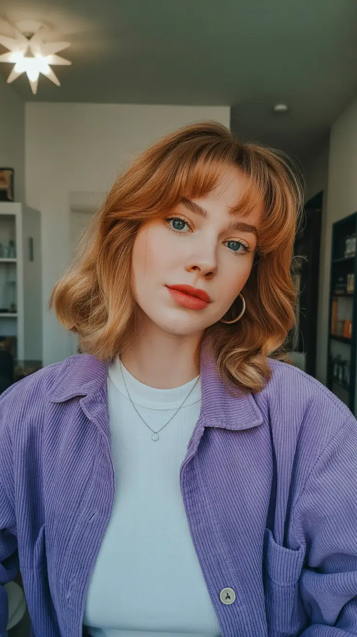 pretty spring haircuts 2026 Soft Copper Bob With Feathered Bangs