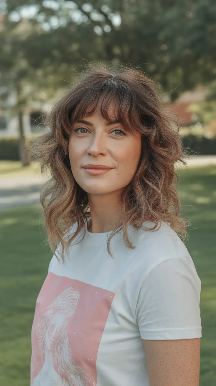 pretty spring haircuts 2026 Curly Shag With Baby Fringe And Playful Volume