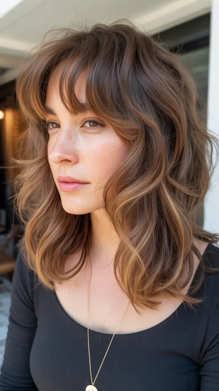 pretty spring haircuts 2026 Dimensional Shaggy Lob With Soft Curtain Bangs