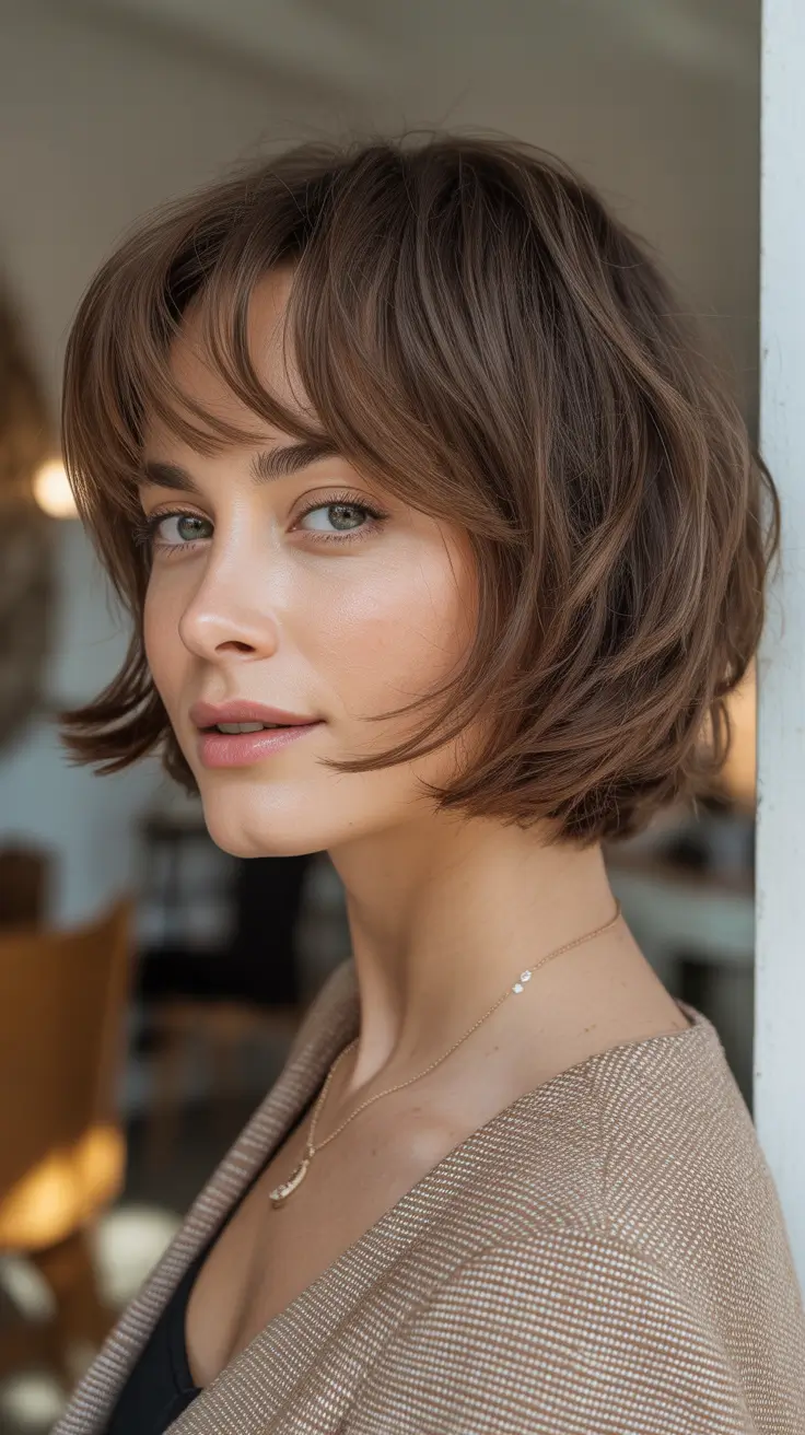 pretty spring haircuts 2026 Textured Short Bob With Curtain Fringe