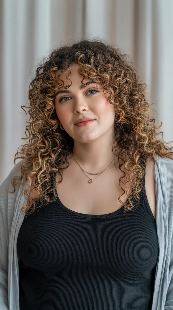 playful spring haircuts for chubby faces 2026 + Curly Spring Shag With Rounded Fringe And Golden Ribbons