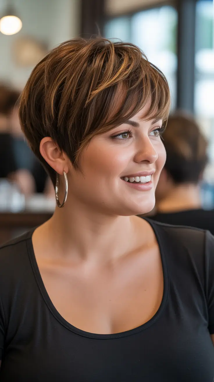 playful spring haircuts for chubby faces 2026 Playful Textured Pixie With Warm Highlight Ribbons