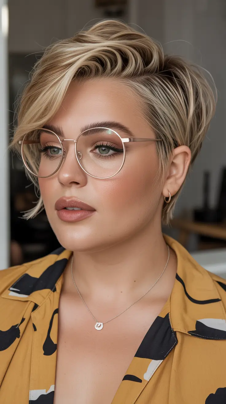 playful spring haircuts for chubby faces 2026 Side-Swept Blonde Pixie With Undercut Edge