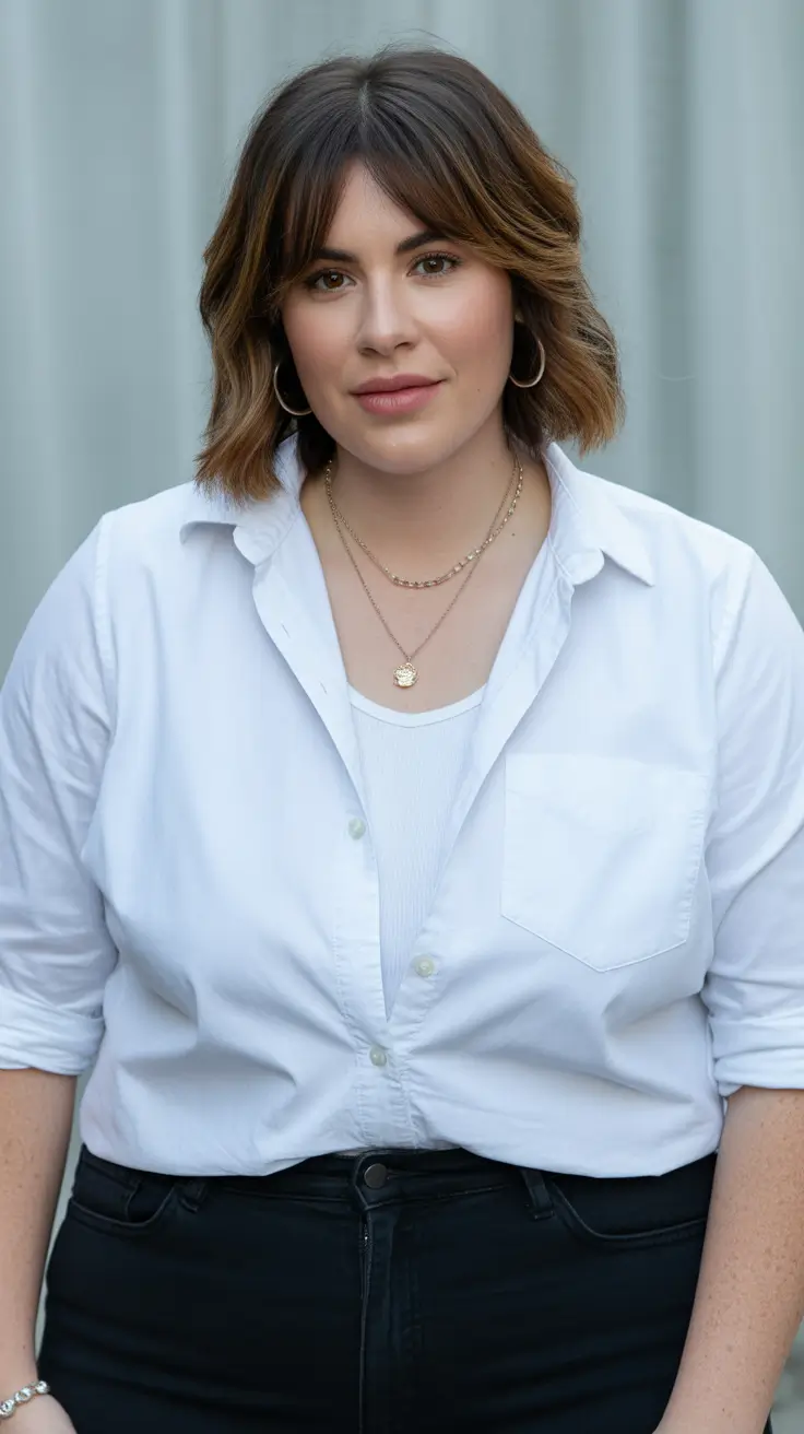 playful spring haircuts for chubby faces 2026 Soft Shaggy Lob With Airy Curtain Bangs