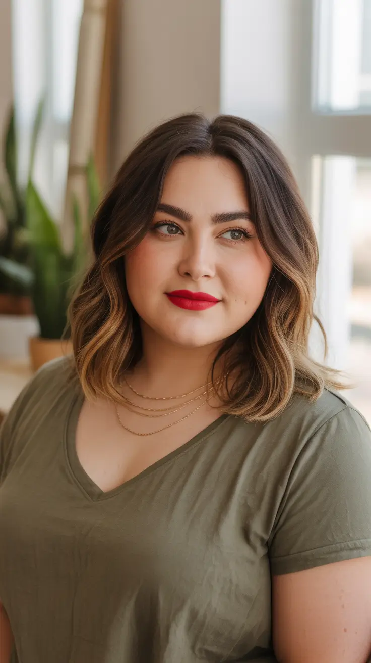 playful spring haircuts for chubby faces 2026 + Soft Caramel Lob With Face Framing Waves