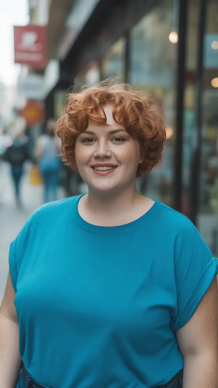 playful spring haircuts for chubby faces 2026 + Copper Curly Crop With Playful Mini Fringe