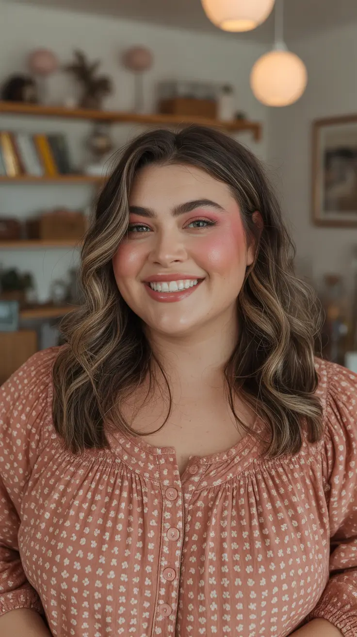 playful spring haircuts for chubby faces 2026 + Rose Brown Mid Length Waves With Soft Side Sweep