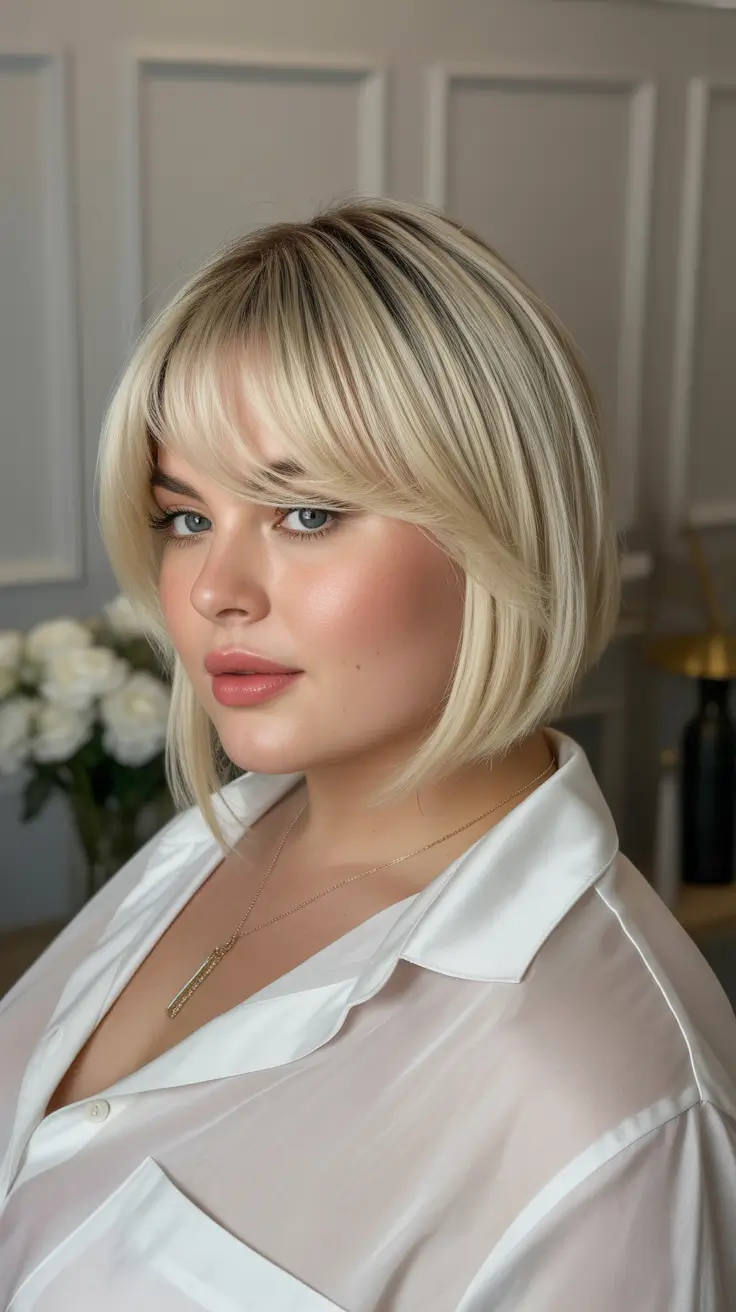 playful spring haircuts for chubby faces 2026 Buttercream Blunt Bob With Full Fringe