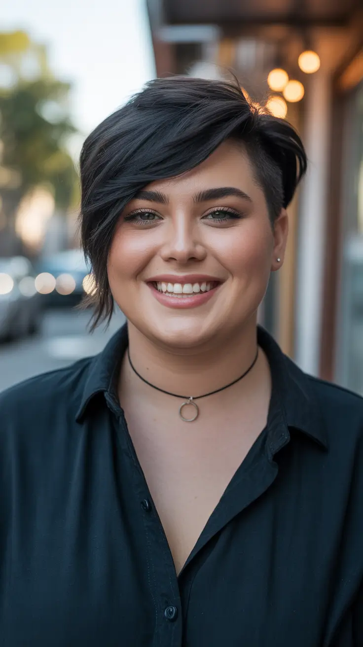 playful spring haircuts for chubby faces 2026 + Asymmetrical Pixie With Deep Side Fringe