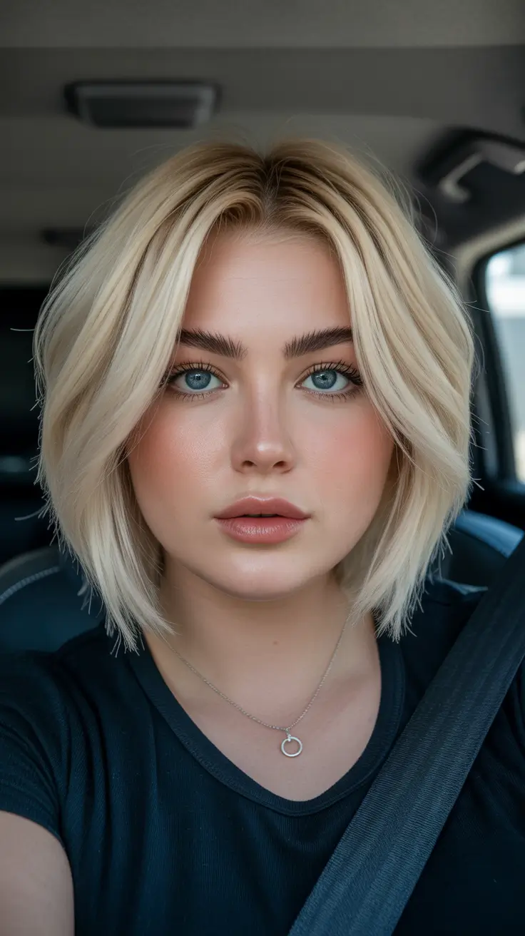 playful spring haircuts for chubby faces 2026 + Classic Blonde Blunt Bob With Center Part Precision